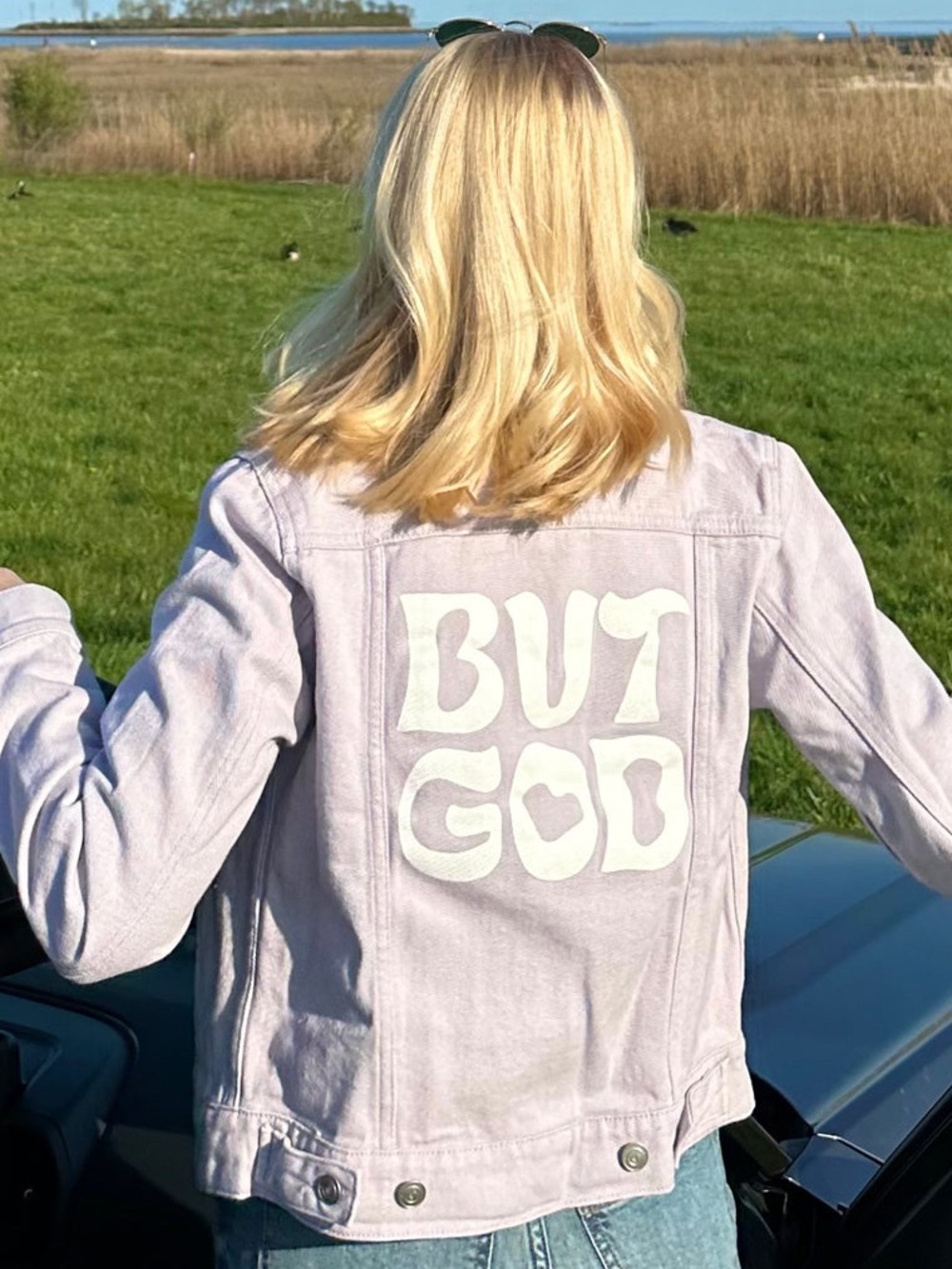 Elevated Faith “BUT GOD” Denim Jacket Lavender Purple Women’s Medium NWT